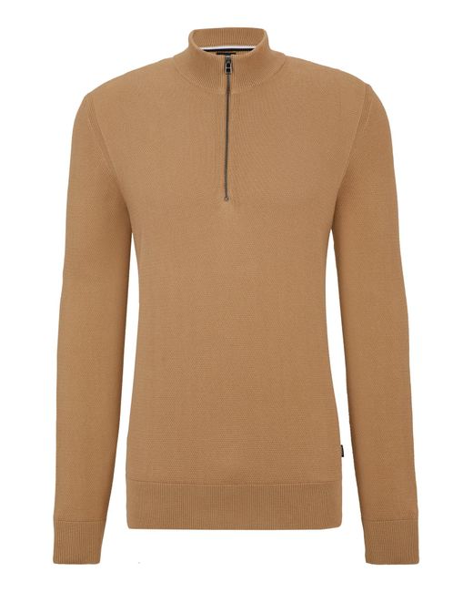 Boss Natural Zip-neck Sweater In Micro-structured Cotton for men