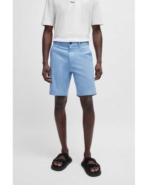 Boss Blue Slim-fit Shorts In Stretch-cotton Twill for men