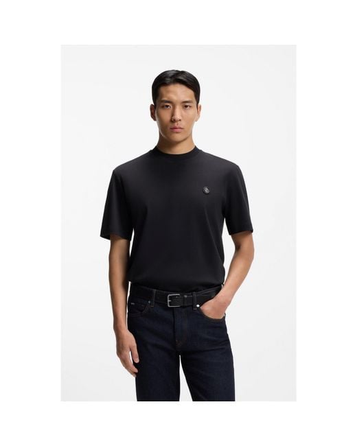 Boss Black Cotton T-Shirt With Double-B-Monogram Badge for men