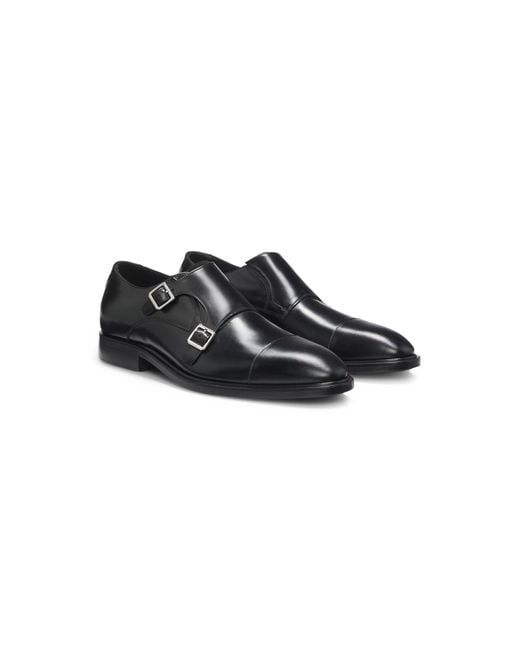 Boss Black Leather Monk Shoes With Double Strap for men