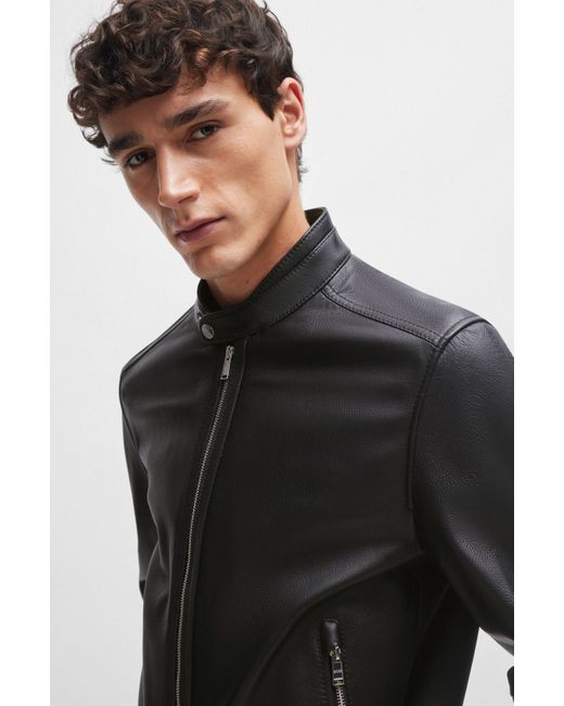 Boss Regular-Fit Jacke aus genarbtem Leder mit Reißverschluss in Black für Herren