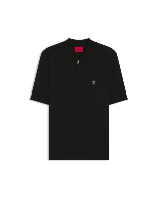 HUGO Black Knit Polo With Zipped Neck for men