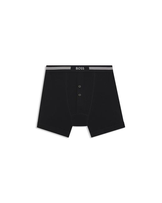 Boss Black Button-Fly Cotton Trunks With Logo Waistband for men