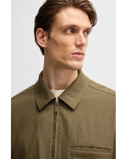 Boss Relaxed-Fit Overshirt Aus Leinen-Mix Mit Reißverschluss in Green für Herren