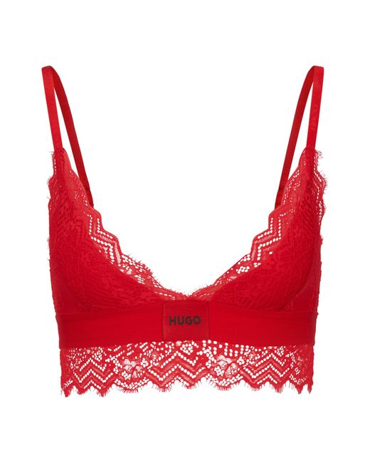 HUGO Red Padded Triangle Bra In Geometric Lace With Logo Label