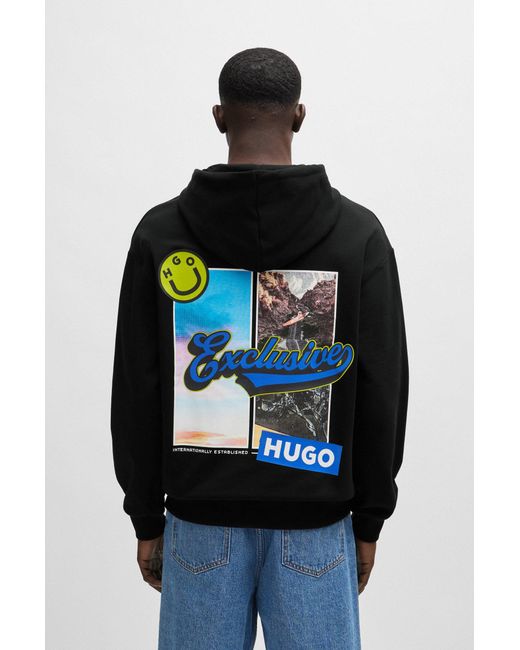 HUGO Black Cotton-terry Regular-fit Hoodie With Seasonal Artwork for men