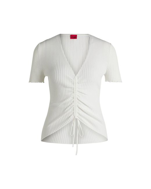 HUGO Gray V-Neck Top With Gathered Front