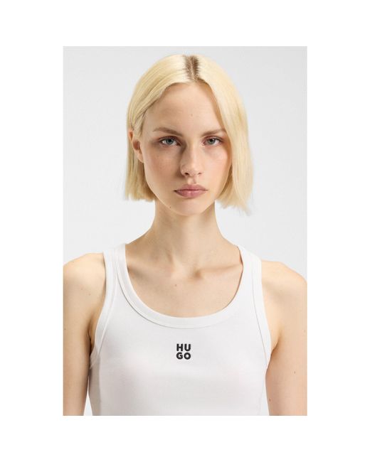 HUGO Blue Cotton-Blend Tank Top With Stacked-Logo Embroidery