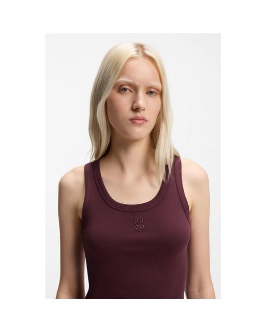 HUGO Purple Cotton-Blend Tank Top With Stacked-Logo Embroidery