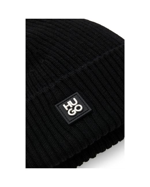 HUGO Black Virgin-Wool Beanie Hat With Stacked-Logo Badge for men