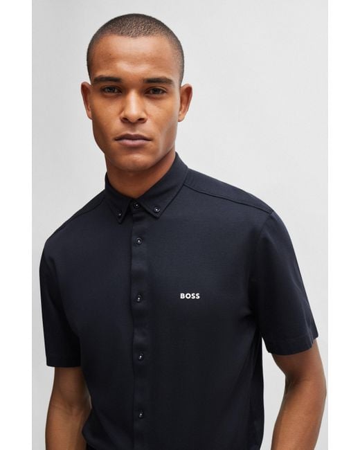 Boss Regular-fit Jersey Overhemd Van Katoenpiqué in het Black voor heren