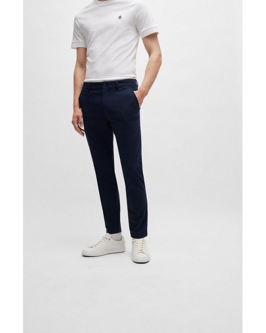 Boss Blue Slim-fit Trousers In A Structured Cotton Blend for men