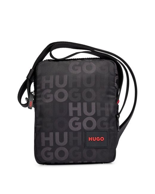 HUGO Black Stacked-logo-pattern Reporter Bag With Branded Rubber Patch for men