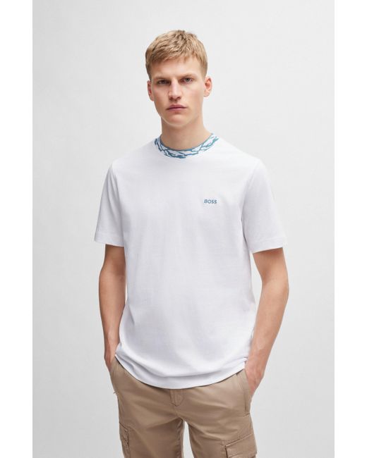 Boss Regular-Fit T-Shirt aus Baumwoll-Jersey mit gemustertem Kragen in White für Herren