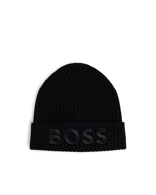 Boss Black Virgin-Wool Beanie Hat With Embroidered Logo