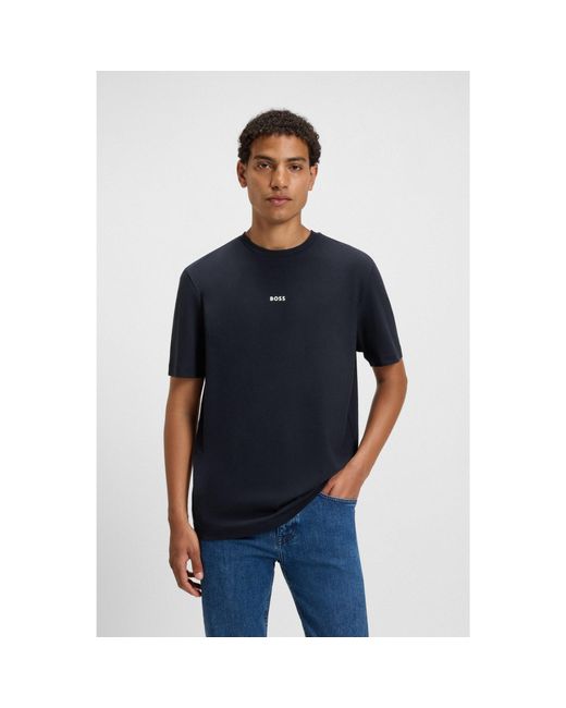Boss Blue Stretch-Cotton T-Shirt With Logo Print for men