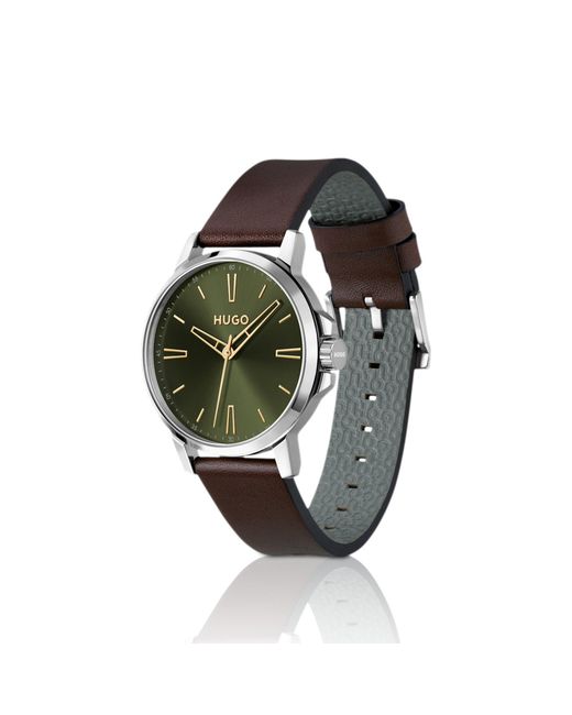 HUGO Green Dial Watch With Leather Strap for men
