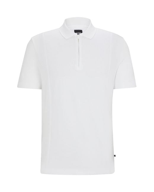 Boss White Zip-neck Polo Shirt In Stretch Cotton for men