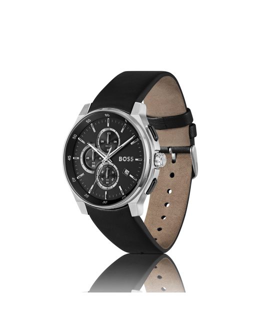 Boss Black Leather-Strap Chronograph Watch With Matte Layered Dial for men