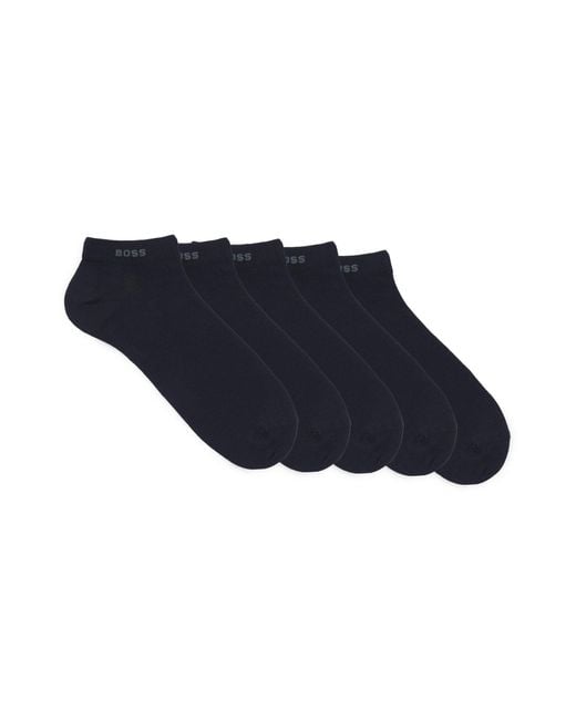 Boss Blue Five-pack Of Cotton-blend Ankle Socks With Branding for men