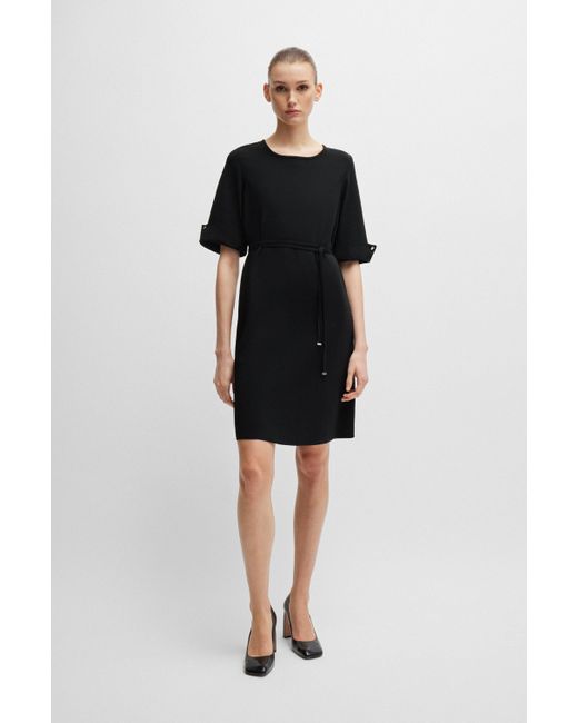 Boss Black Short-sleeved Dress In Stretch Material With Tie Belt