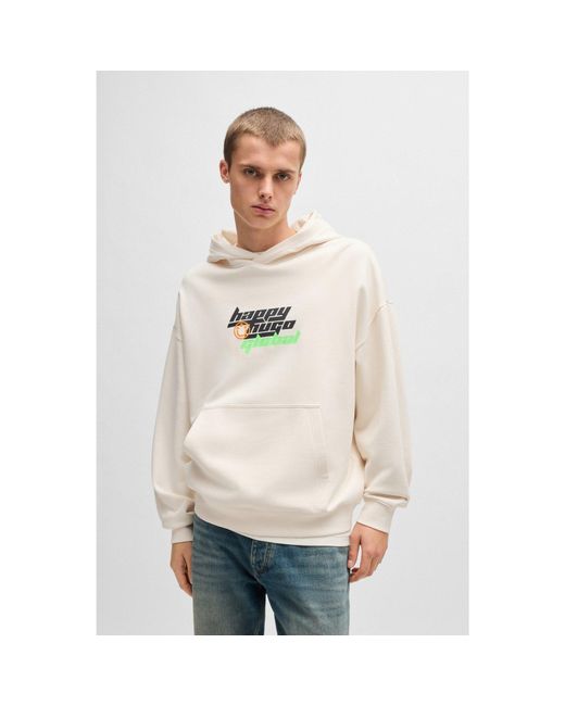 HUGO Natural Regular-Fit Cotton-Terry Hoodie With Happy Logo for men