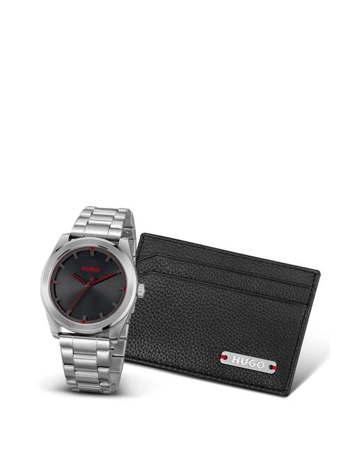 HUGO Cadeauset Met Leren Pasjeshouder En Horloge Met Zwarte Wijzerplaat in het Black voor heren