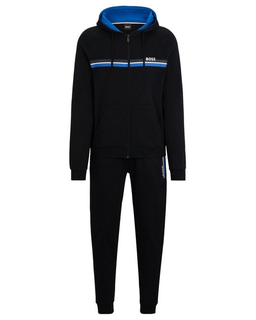 Boss Black Cotton-terry Zip-up Hoodie With Stripes And Logo for men