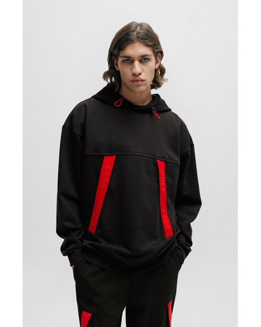 HUGO Oversized-fit Hoodie With Red Logo Tape for men