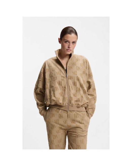 HUGO Brown Cotton-Blend Jacket With All-Over Logo Pattern