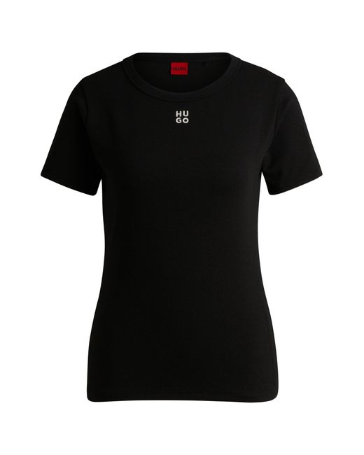HUGO Black Cotton-blend T-shirt With Embroidered Stacked Logo