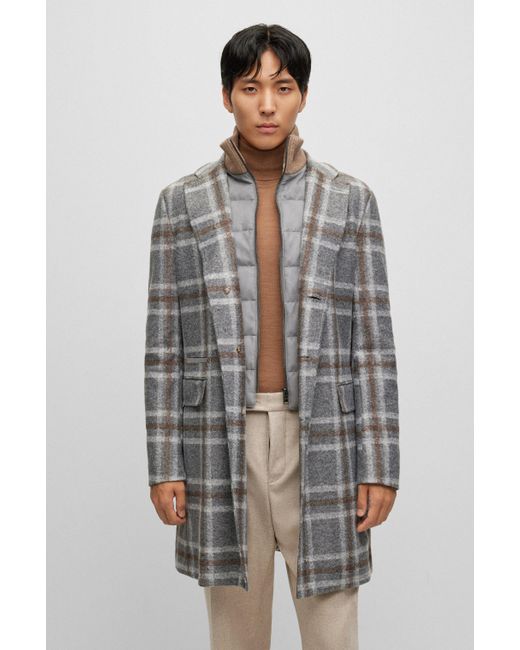 Boss Gray Slim-fit Coat With Zip-up Inner for men