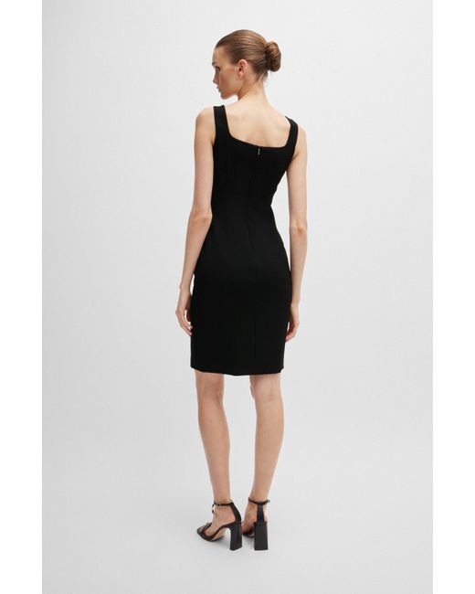 Boss Black Square-neck Dress In Stretch Material With Front Slit