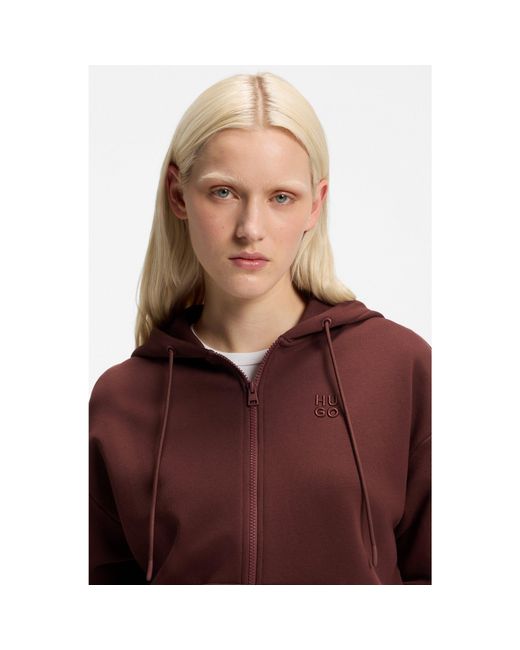 HUGO Brown Cotton-Terry Zip-Up Hoodie With Stacked-Logo Embroidery