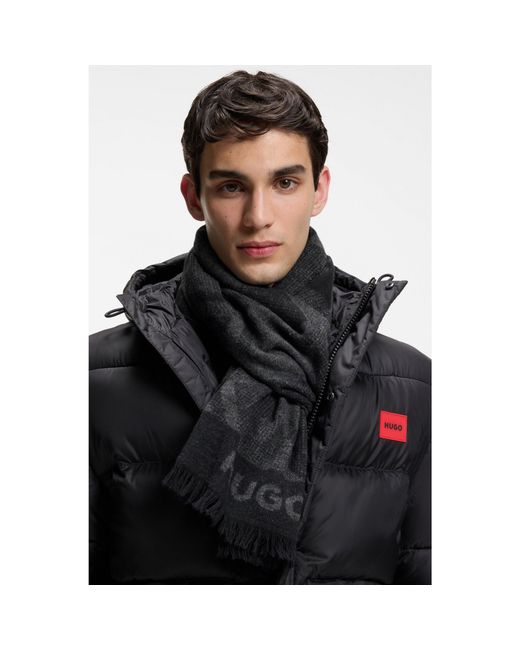 HUGO Black Brushed-Cotton Scarf With Jacquard Pattern for men
