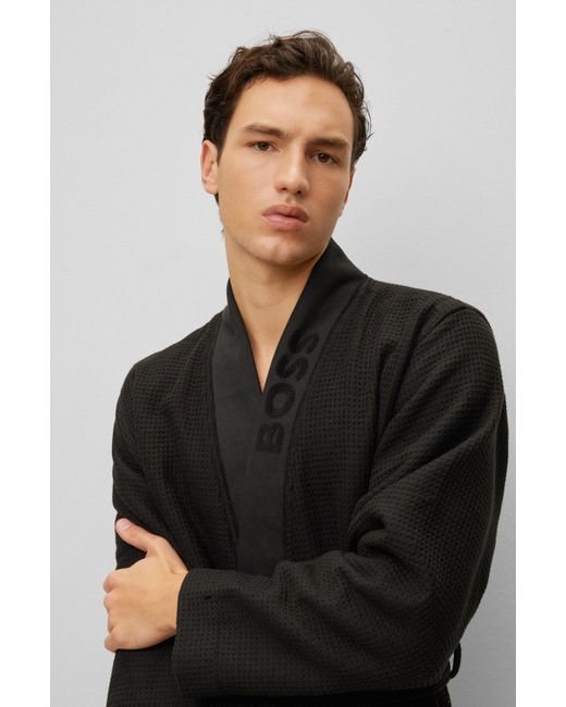 Boss Black Waffle-piqué Dressing Gown With Logo-embroidered Collar for men