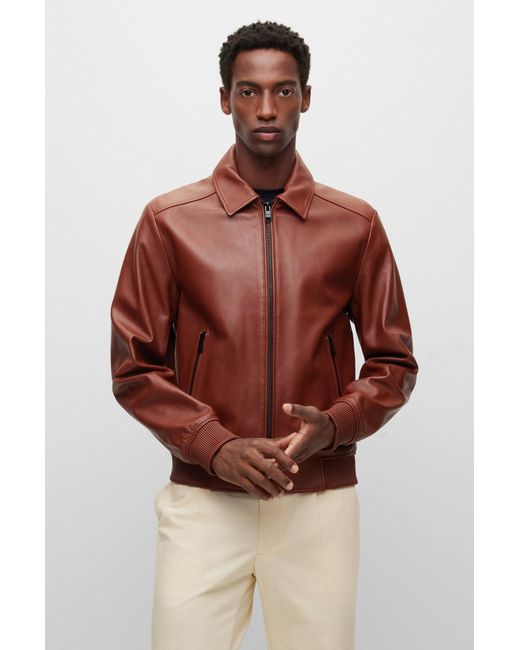 BOSS by HUGO BOSS Nappa-leather Bomber Jacket With Wing Collar in Brown for  Men | Lyst Australia