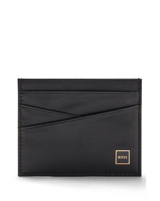 BOSS by Hugo Boss Black Leather Card Holder With Logo In Gold-tone Frame for men