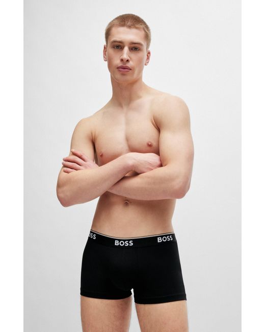 Boss Black Three-pack Of Stretch-cotton Trunks With Logo Waistbands for men