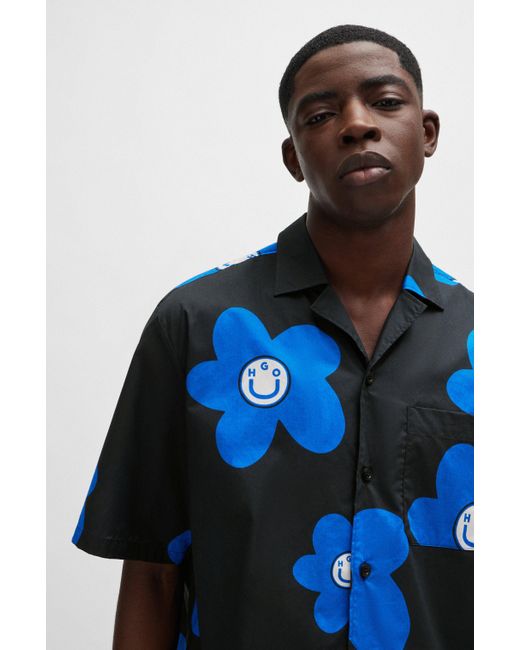 HUGO Oversized-fit Overhemd Van Katoenen Popeline Met Bloemenprint in het Blue voor heren