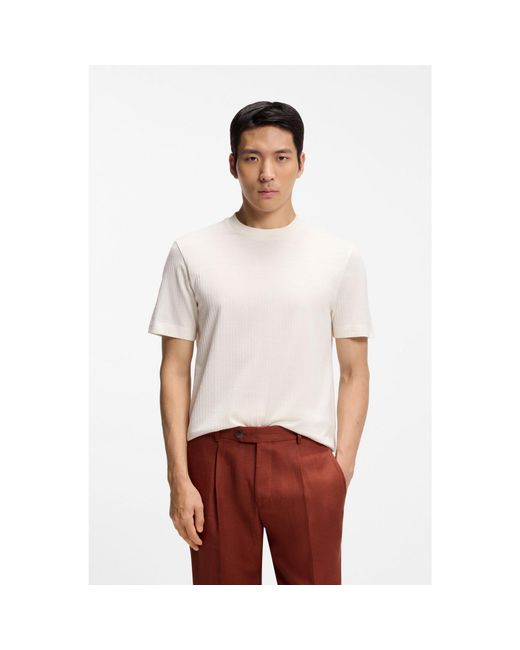 Boss White Cotton-Silk T-Shirt With Geometric Jacquard for men