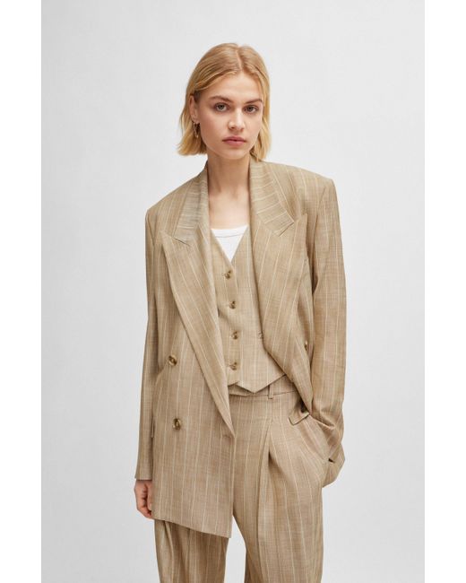 Boss Natural Double-breasted Jacket In Pinstripe Stretch Fabric