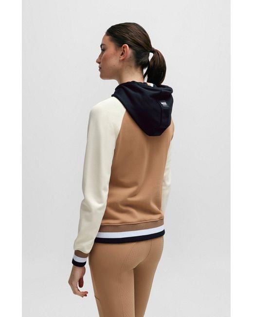 Boss Natural Equestrian Zip-up Colour-blocked Hoodie With Logo Patch