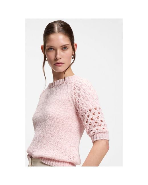 Boss Pink Cotton-Blend Sweater With Open-Knit Sleeves