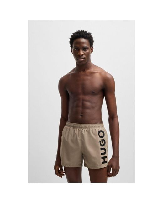 HUGO Brown Swim Shorts With Vertical Logo Print for men
