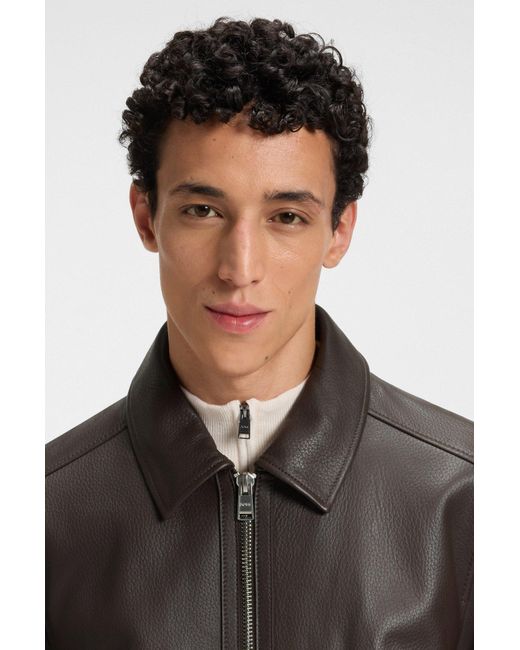 Boss Regular-Fit Leren Jas Met Ritssluiting in het Black voor heren