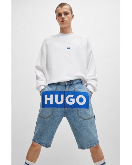 HUGO Blue Denim Shorts With Logo Print for men