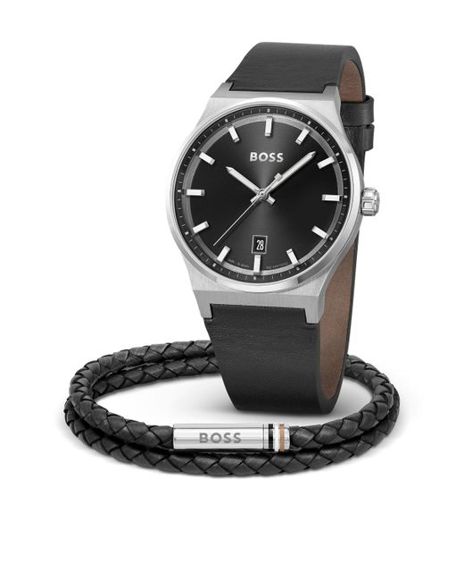 Coffret cadeau avec montre à cadran noir et bracelet en cuir tressé Boss pour homme en coloris Black