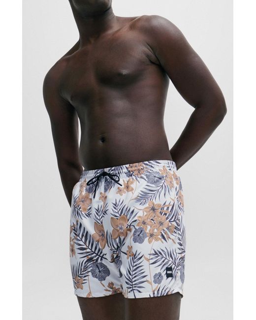Boss White Tropical-print Quick-drying Swim Shorts With Logo Badge for men