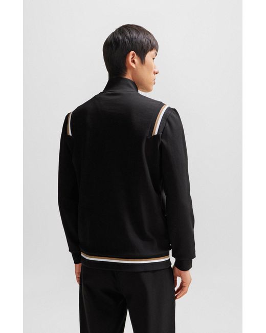 Boss Gray Cotton-blend Zip-up Sweatshirt With Signature-stripe Trims for men